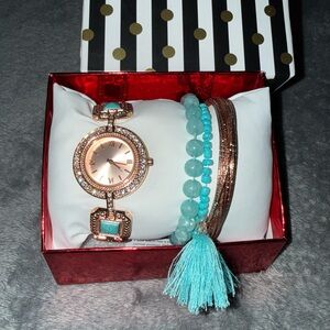 Rose Gold and Turquoise Watch and Bracelet Set